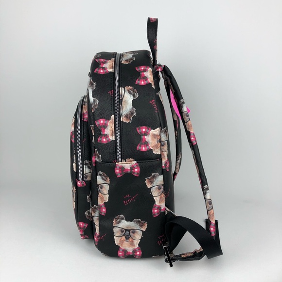 Betsey Johnson Nerdy Yorkie Bow Tie Dog Backpack - Picture 2 of 8
